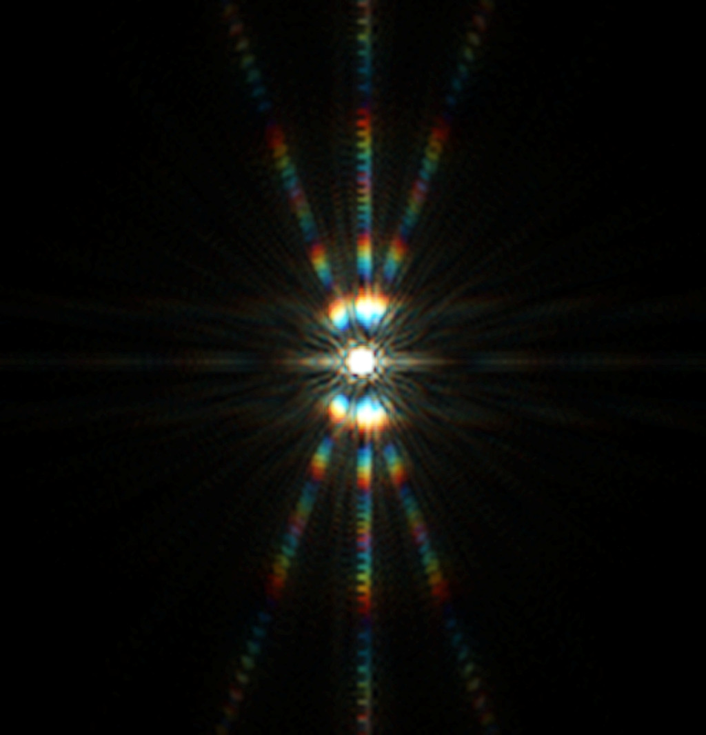 Csillag diffrakciós képe Bahtinov maszkkal, 36 mikron eltérés a fókuszsíktól